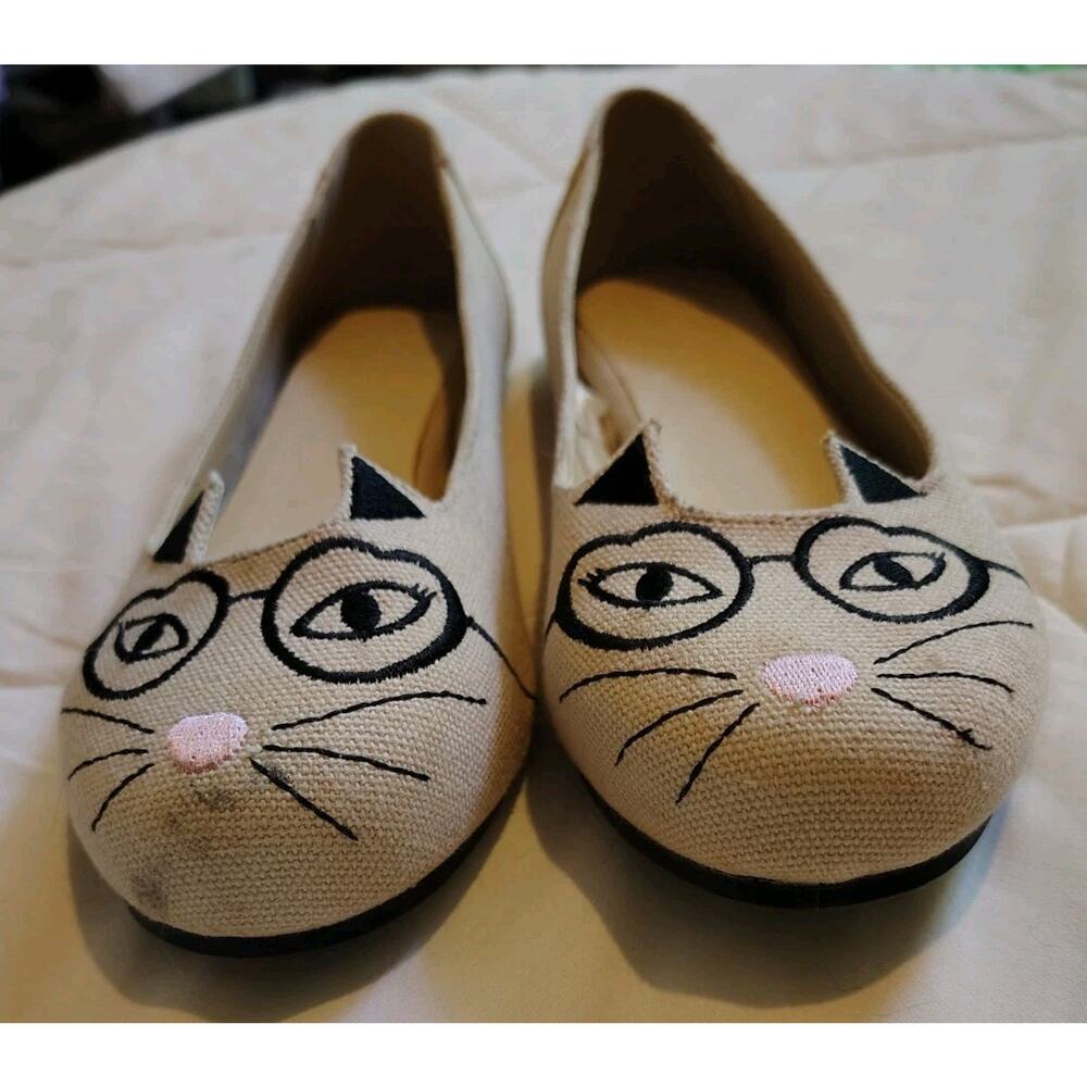 Torrid Cat Face Ballet Flats Size 8 Nerdy Cat Glasses Whiskers Embroidered... - Picture 8 of 11